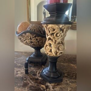 Arhaus Elegant Black & Cream Candle Holder AND Decorative Bowl w/Balls. Like 🆕